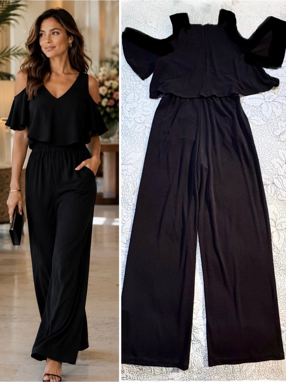 💥Karen Kane Black Cold Shoulder Overlay Wide Leg Jumpsuit V-Neck Pockets XS💚